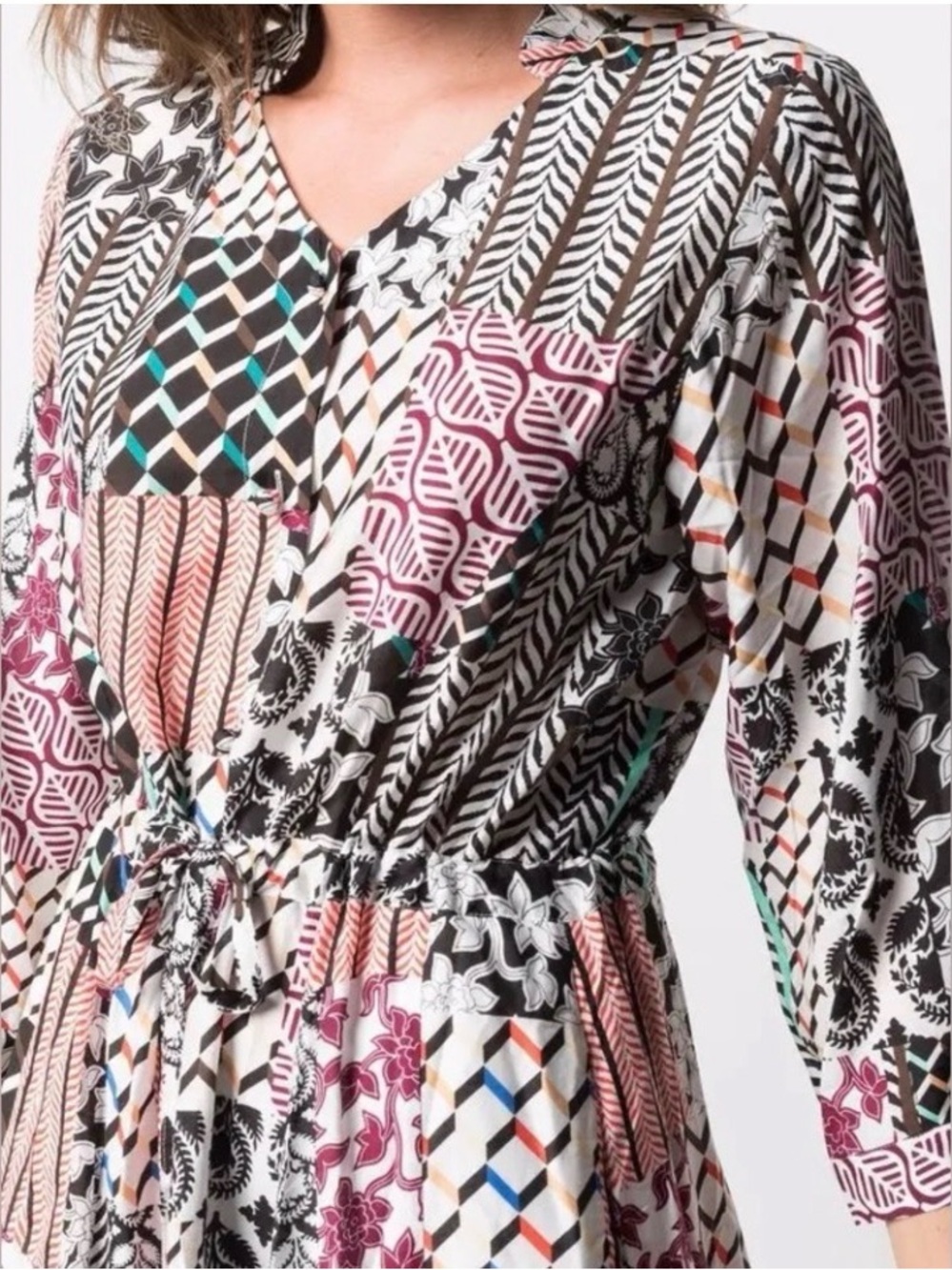 Diane Von Furstenberg Multi-Color Patchwork Print Long Sleeve Dress